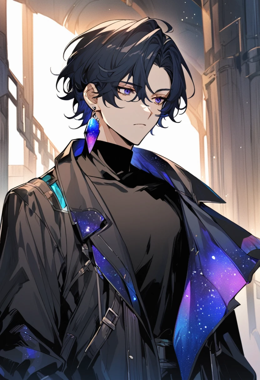 a little boy, he wears galaxy colored earrings, he looks so mysterious, He was dressed in a black shirt with his black coat hanging over his shoulder, he looking at the sky. Manhwa style.