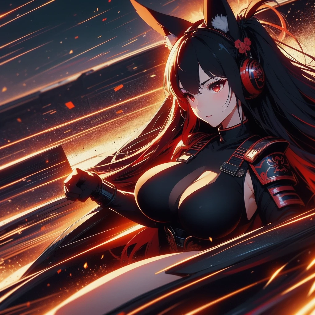 A beautiful mature woman with long black Kitsune ears, red eyes, highly detailed face and eyes, big breasts, several black Kitsune tails, wearing red and black Shogun armor with a wide waist, 8k, photorealistic, high quality, masterpiece, ultra-detaile, vivid colors, cinematic lighting,With red and black headphones 