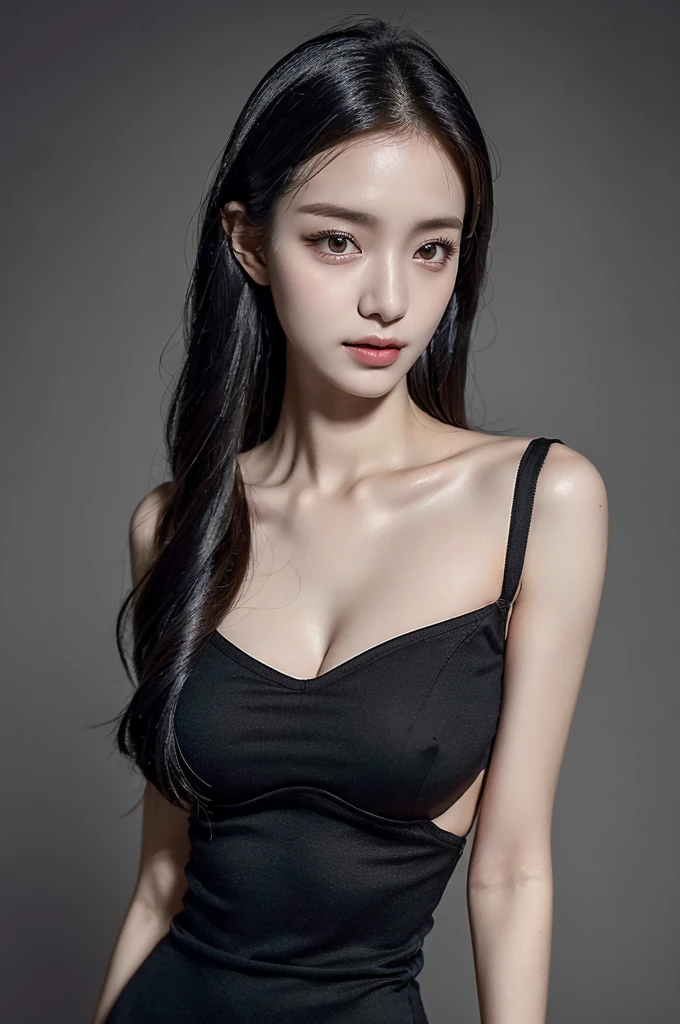 ((Highest quality, 8K, Tabletop)), Beautiful woman with perfect body, Slim abdomen, Black long dress, whole body, (length), (Straight Hair), Highly detailed face and skin texture, Fine grain, double eyelid