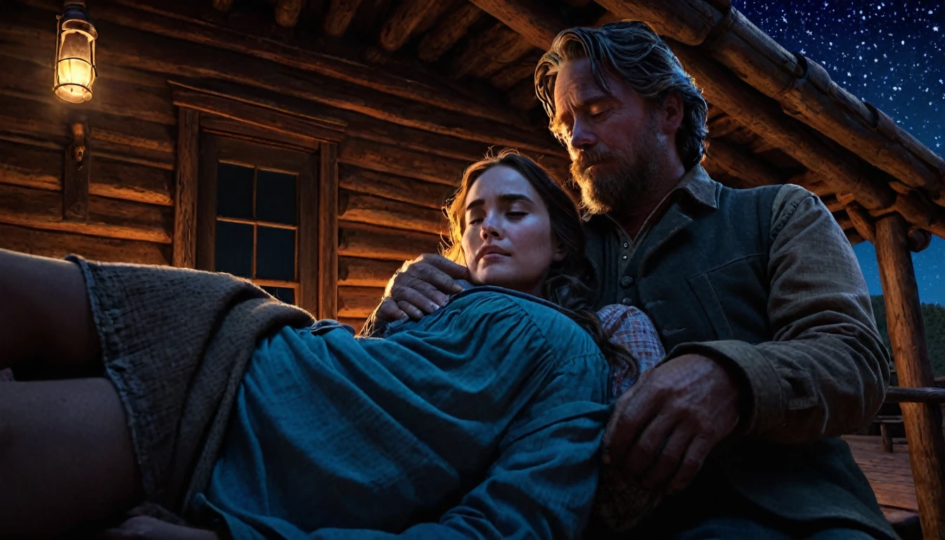 Create an image that illustrates this text: Nights were spent under the stars, with James cuddled in her arms, while Sarah dreamed of the day they would have a roof over their heads. Finally, after weeks of tireless work, the cabin was ready. old West. high definition cinematic image.