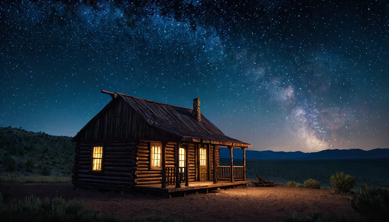 Create an image that illustrates this text: Nights were spent under the stars, with James cuddled in her arms, while Sarah dreamed of the day they would have a roof over their heads. Finally, after weeks of tireless work, the cabin was ready. old West. high definition cinematic image.