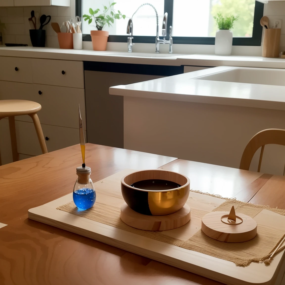 "Create a vibrant and engaging image for an Epoxy Resin DIY kit packaging. The scene should feature a smiling woman, around 18-20 years old, sitting at a table and working on a colorful epoxy resin project. The child should be wearing gloves and look excited about their creation.
In the foreground, display the kit's contents: 4 small bottles of epoxy resin, hardener, an MDF circle, mixing cups, stirring sticks, and some basic tools like tweezers and a heat gun. These items should be neatly arranged around the woman's workspace.
Background should be a warm, inviting home setting, perhaps a kitchen or craft room, with soft lighting to create a cozy atmosphere. Include some finished epoxy resin projects in the background, such as coasters, jewelry, or small decorative items, to showcase the potential of the kit.
Use a color palette that's both eye-catching and harmonious, with blues, greens, and purples to represent the epoxy resin's potential for creating beautiful, translucent effects. Add some sparkles or shimmering effects to convey the magical quality of the finished products.
At the top of the image, include space for the product name "Epoxy Resin DIY Kit" in a fun, modern font that appeals to both children and adults. At the bottom, add a tagline like "Create Your Own Colorful Masterpieces with Aidan+Renee!" to emphasize the creative aspect of the kit.
Overall mood should be one of creativity, fun, and safe exploration, encouraging everyone to engage with the product