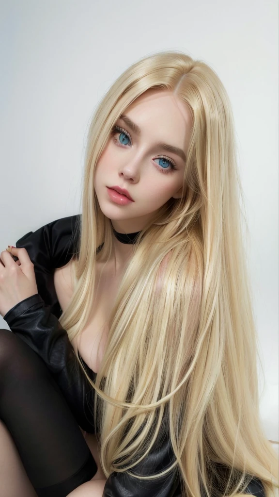 Blonde woman with long hair and black stockings posing for a photo, ava max, long blonde hair and big eyes, a gorgeous blonde, long blonde hair and blue eyes, with long blonde hair, blonde goddess, beautiful blonde girl, angelawhite, long blonde hair and big eyes, garota sexy with long blonde hair, blonde girl, blonde and attractive features