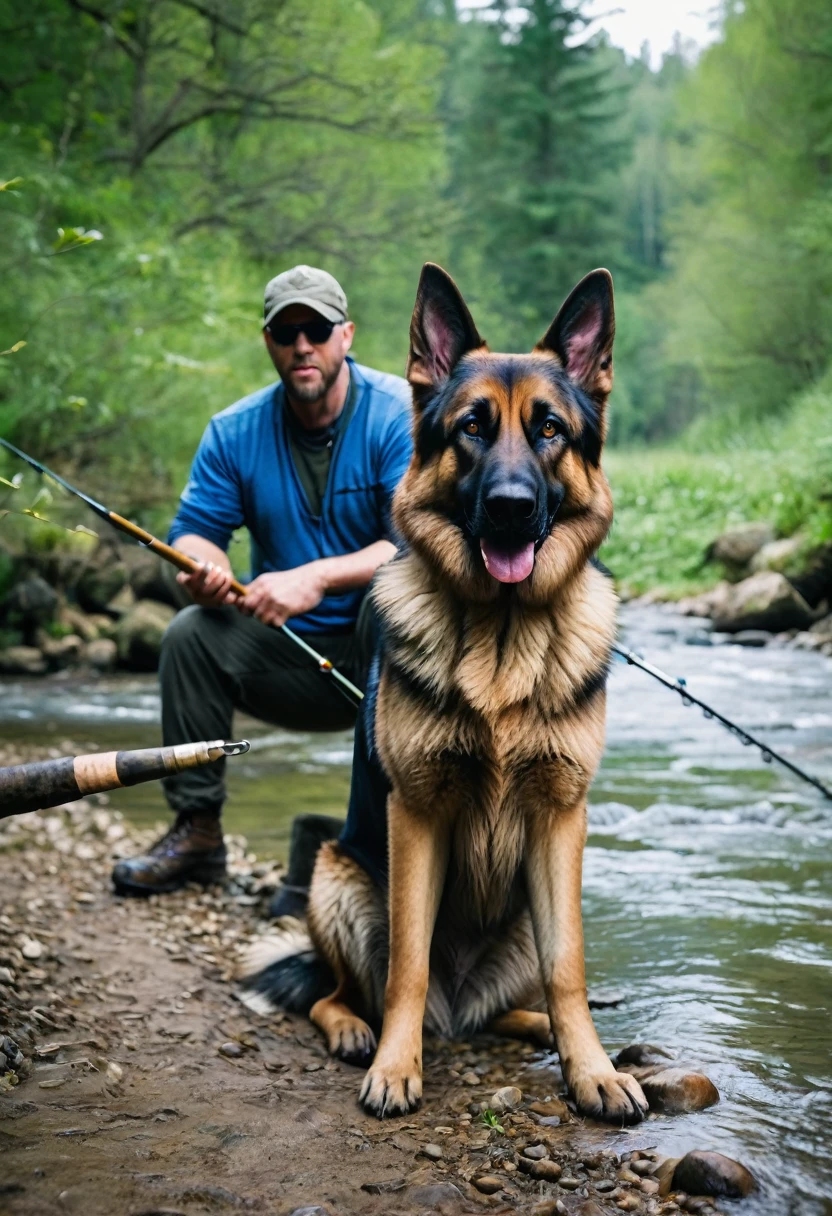 German Shepard dog very large intimidating by a stream. Man fishing in the background