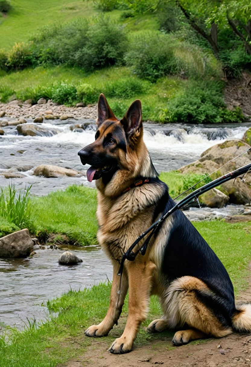 German Shepard dog very large intimidating by a stream. Man fishing in the background 