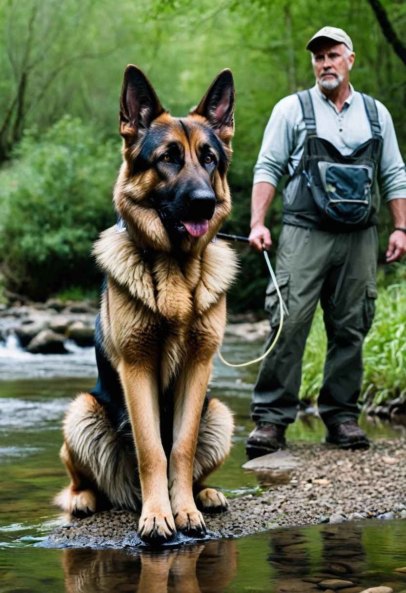 German Shepard dog very large intimidating by a stream. Man fishing in the background 