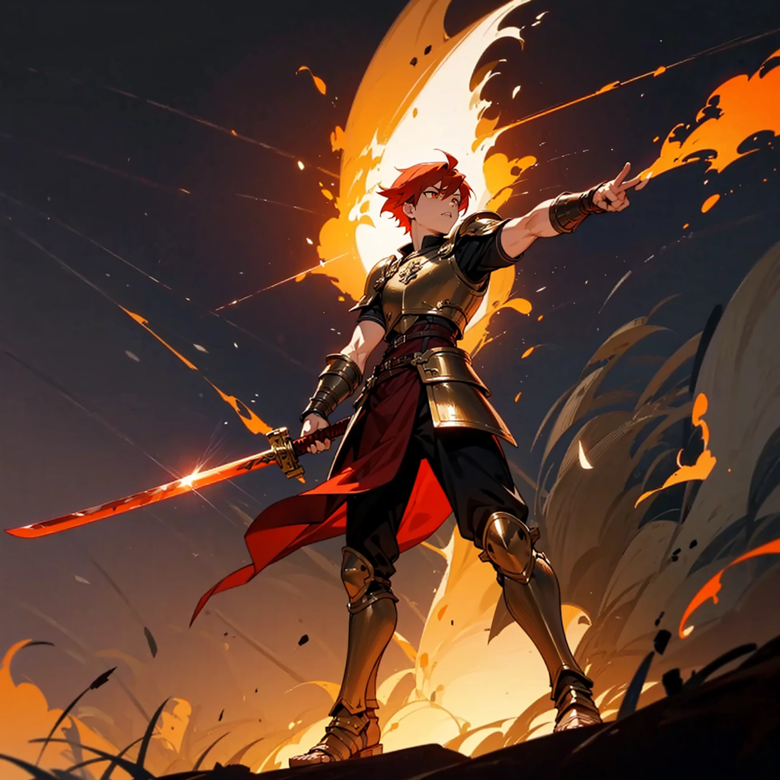1boys, Full body version, orange eyes, undercut hair, red colour hair, very angry expression, gladiator clothing, short sleeve shirt, gladiator skirt, gold big armor body, bodybelt, gladiator sandals, Spatha sword in hand, (war gesture), Grassroots background in war, Full background, night, moonlight behind, moonlight silhouette, explosion, fire, fire background, blood on face, blood on sword, blood on armor, fire sword