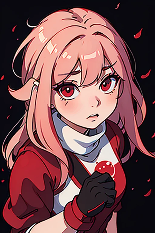 Anime girl character red hair red eyes pale skin, with one hand squeezing her cheeks a hand in a red glove. Red turtleneck, pure black background, red lighting 