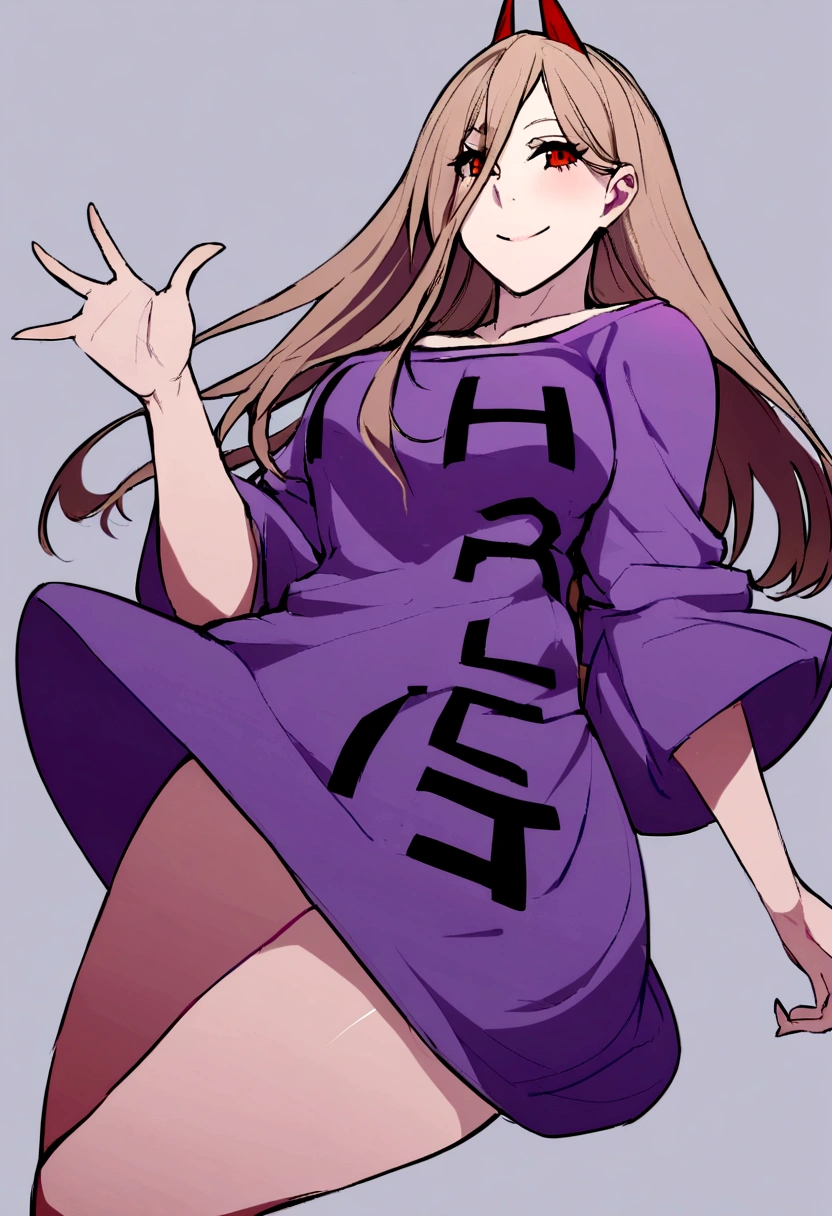 1 girl, smiling, wearing oversized purple shirt reaching mid-thigh, text "H a r l" .vibrant color,.