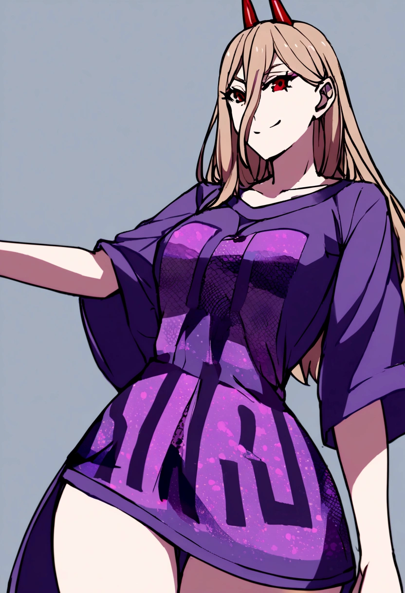 1 girl, smiling, wearing oversized purple shirt reaching mid-thigh, text "H a r l" .vibrant color,.