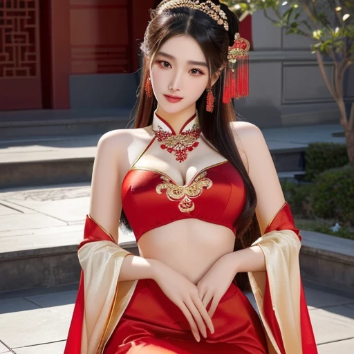 (ผู้หญิงlong hairชาวเอเชียตะวันออกเฉียงใต้ที่มีใบหน้ากลม, Very large chest, chest measurement 36 inches.,)) Warm light, morning sun,  long hair,black eyes,abdominal muscles, The body is beautiful and strong., thick hips, rounded chest, (digital painting, HDR, high contrast), 3d, 8K, 45,000,000 pixcls,Asian girl, Gorgeous Chinese model, Japanese model, asian womanที่สวยงาม, Japanese goddess, Very beautiful girl., beautiful young woman, very beautiful woman, Attractive and beautiful, sexy girl, Asian girl, beautiful female model, jaw-dropping beauty, Attractive, sexy, seductive face and body, A woman in a red dress and gold jewelry poses for a photo., traditional beauty, Sukhothai dress, Southeast Asia that has existed for a long time, traditional chinese, traditional, beautiful oriental woman, traditional tai costume, asian woman, Dilraba Dilmurat, Chinese style, Niwan Chandra, wear red dress, Wear luxurious jewelry., Inspired by Tang Di