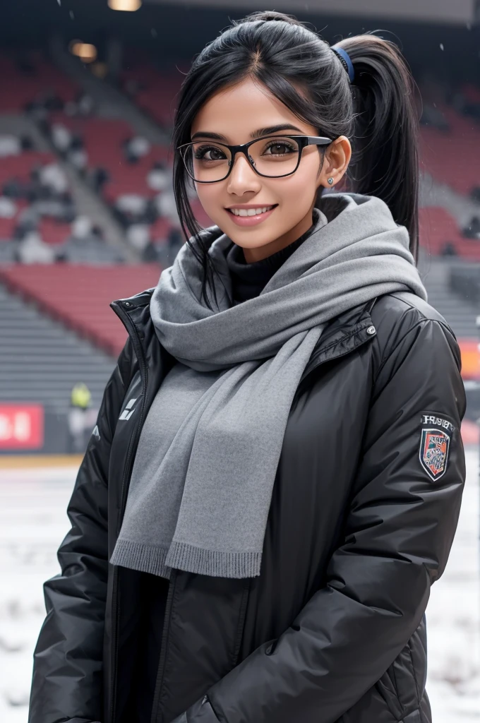 beautiful 25 year old woman from New Delhi, black ponytail hair, very attractive, smile, toned athletic body, wearing glasses, wearing gray coat in snowy football stadium