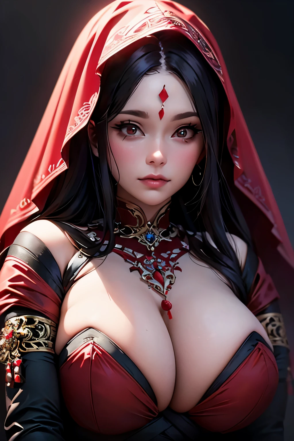 a chubby elegant woman in a red veil covering her eyes, fingers on her lips, long red nails, black background, photo-realistic, high quality, intricate details, oil painting, dramatic lighting, muted colors, mysterious atmosphere