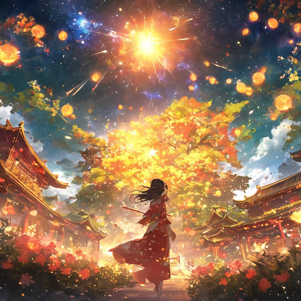 masterpiece, Concept Art, Panorama, in the center, shape, Wide Shot, flower 庭, night, (meteor), Space galaxy background, (Great composition, Epic scale), Dynamic Lighting, Bright colors, summer,Green tree,1 girl,Chinese style buildings