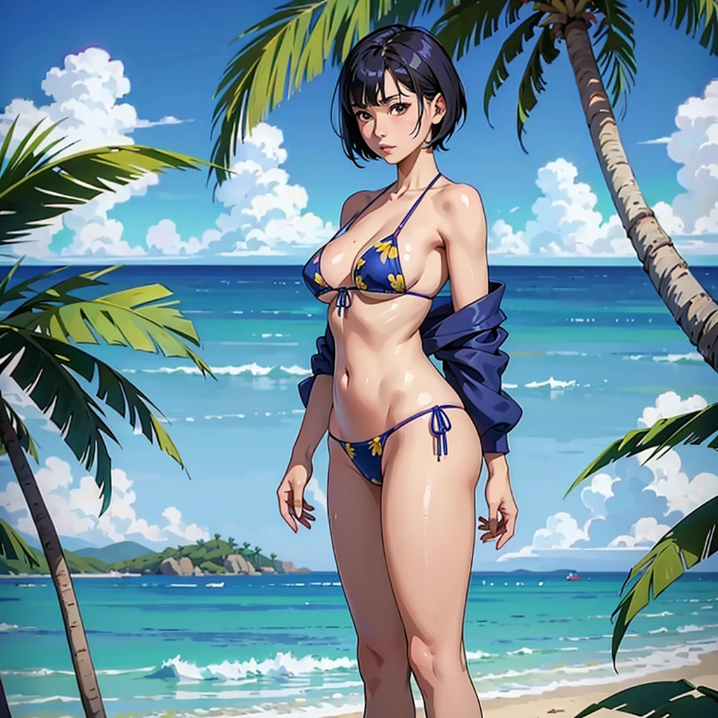 ((highest quality, masterpiece, High resolution)), ((reality)),Photos of beautiful Japanese women,((anime art))、 (((1 girl))), normal size breasts, slim body shape, medium short hair, double eyelid, micro bikini, A pareo with bold ethnic patterns and plenty of primary colors、realistic skin、Wet,whole body,cinematic light、tropical、Against the background of palm trees on both sides、on a sunny beach、With the sea in the background、blur background、