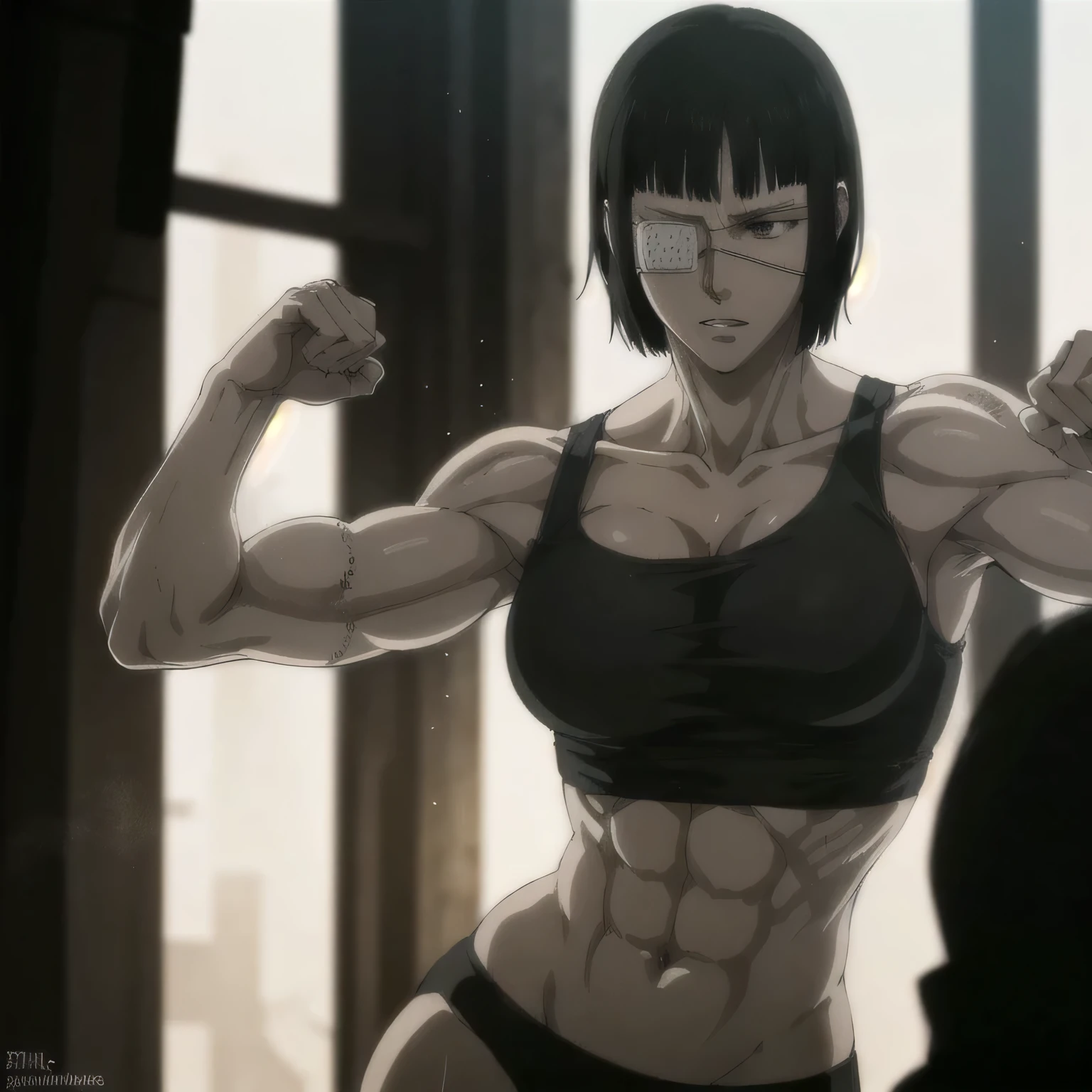 (best quality,ultra-detailed,realistic:1.37),musclaur military badass girl with sculpted body have a tattoos,wearing male underwear and tank top, full review of the female character's face and body, intense expression, strong and confident posture, studio lighting, vivid colors, physiologically-based rendering, grungy texture, rugged background, dust particles in the air, commanding presence, professional, powerful, gritty aesthetics,,Valmet،short hair,eyepatch,back from gym,Sweat,training,workout pose,Shining arms muscles,veins in muscles,
