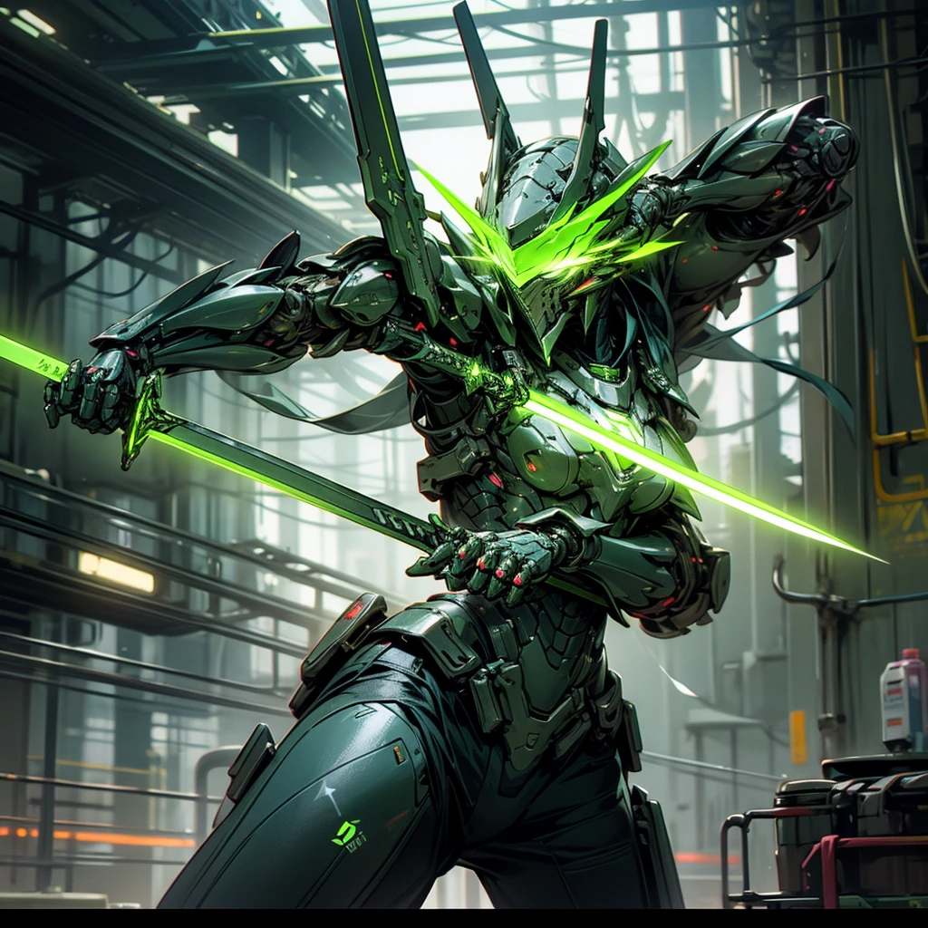 Detailed snapshot, Cyberpunk, glowing sword, Glowing armor, Green light