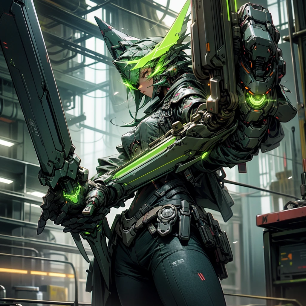 Detailed snapshot, Cyberpunk, glowing sword, Glowing armor, Green light