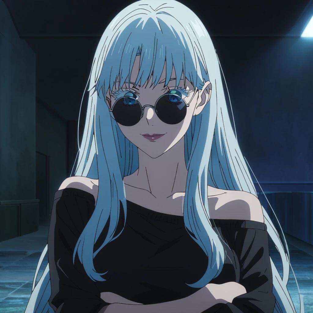 1girl, female gojo satoru, anime screencap from jujutsu kaisen, gojo satoru female version, solo, very long_hair, ((smooth texture hair)) blue eyes, ((white eyelashes)), ((very long white_hair)), night view, breasts, upper_body, smile, indoors, book, bangs, blue_eyes, lips, (wearing round sunglasses) ((The hair has a "smooth" and "straight texture" with some gentle waves)) wearing black color sweater off the shoulder, breast, "very detailed and high resolution" (blue eyes) ((cross arms)) ((smooth texture hair)) ((solo)) ((high resolution)) ((upper body)) (Good quality)