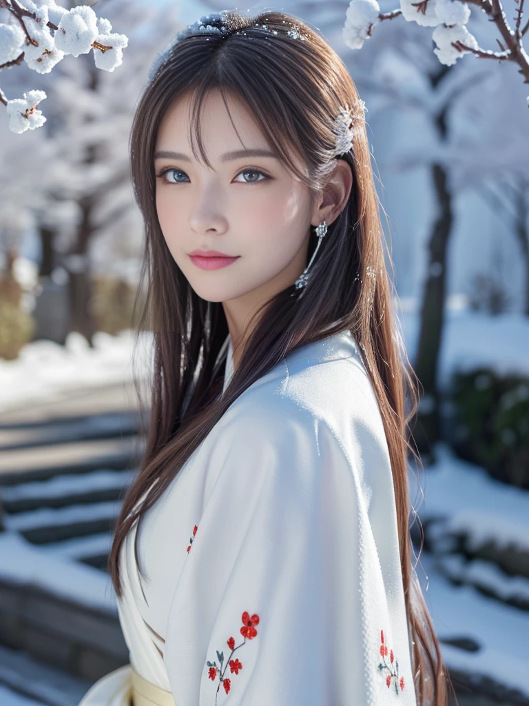 (logo, masterpiece, 8k, table top, RAW photo, wonderful, 最high quality, Photorealistic and hvery detailed CG integrated 8k wallpaper, high quality, very detailed, Narrative poem, particle effects, dynamic effects, Depth of written boundary, cinematic light, Lens flare, ray tracing, anatomically accurate)), fantasy, 1 beautiful woman, silver hair, clear eyes, long hair, beautiful face, real face, Detailed and beautiful eyes, beautiful skin, long hairがWindでなびく, long hairが跳ねる, long hairがWindで踊る, hair jump, jewelry, beautiful eyes, white kimono, white obi, White cherry blossom embroidery pattern, silver earrings, Wind, snow mountainの中で, snow scene, snow mountain, snow makeup, Snow and hoarfrost, very cold winter day, snow-capped mountainや森, hoarfrost, snow-capped mountain々, The beauty and brilliance of frost-covered trees, The tranquility and beauty of a world of ice and snow