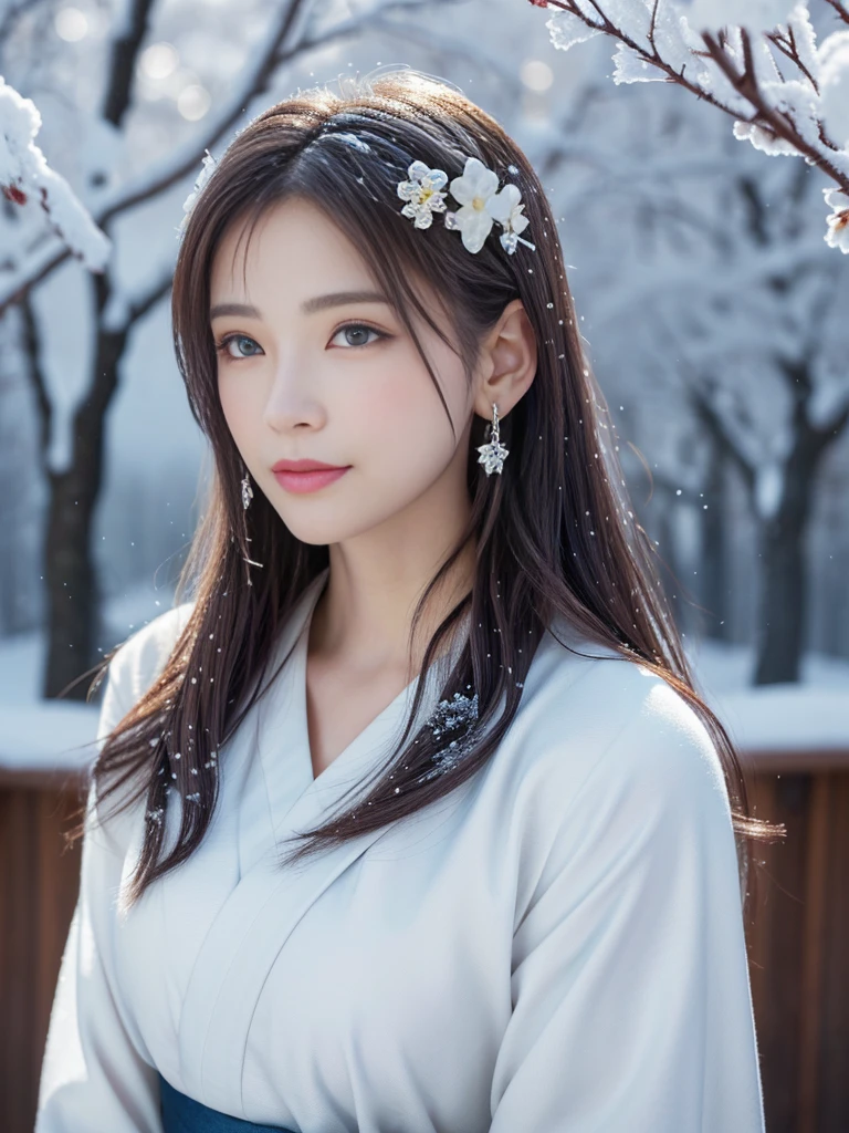 (logo, masterpiece, 8k, table top, RAW photo, wonderful, 最high quality, Photorealistic and hvery detailed CG integrated 8k wallpaper, high quality, very detailed, Narrative poem, particle effects, dynamic effects, Depth of written boundary, cinematic light, Lens flare, ray tracing, anatomically accurate)), fantasy, 1 beautiful woman, silver hair, clear eyes, long hair, beautiful face, real face, Detailed and beautiful eyes, beautiful skin, long hairがWindでなびく, long hairが跳ねる, long hairがWindで踊る, hair jump, jewelry, beautiful eyes, white kimono, white obi, White cherry blossom embroidery pattern, silver earrings, Wind, snow mountainの中で, snow scene, snow mountain, snow makeup, Snow and hoarfrost, very cold winter day, snow-capped mountainや森, hoarfrost, snow-capped mountain々, The beauty and brilliance of frost-covered trees, The tranquility and beauty of a world of ice and snow