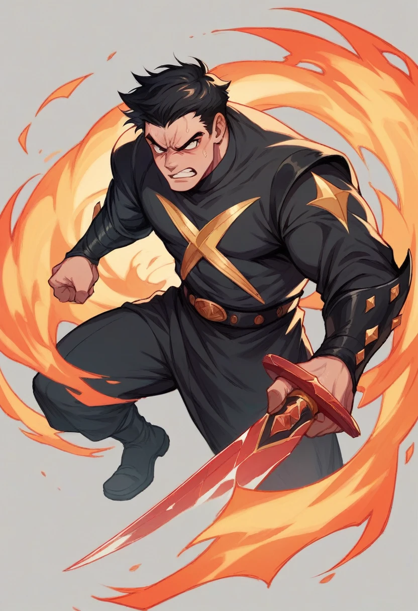 Teen male short black hair weavy. Angry handsome. Black clothes and fire power sith sword and flame in a hand