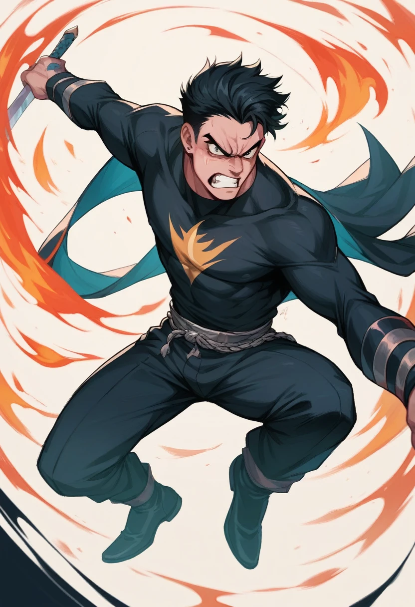 Teen male short black hair weavy. Angry handsome. Black clothes and fire power sith sword and flame in a hand