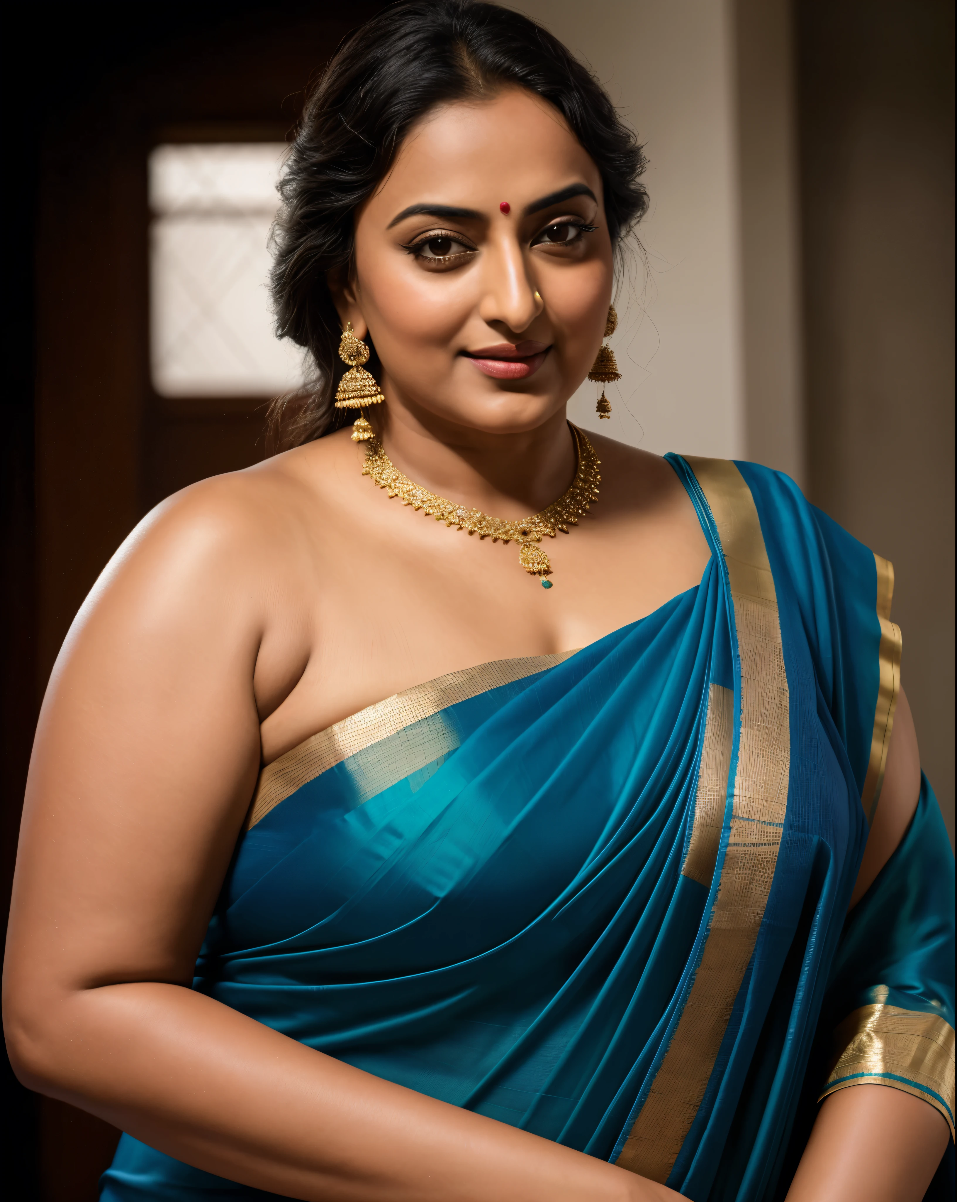 Foto RAW, photorealistic, photography, full body shot, 50 years old Woman, master shot, perfect eyes, goddess like beauty, pierced eyes, perfect thick chubby mallu Desi aunty bhabhi, Wearing a Stanapatta, a chest-band.Saree model, model Photography, Indian saree shoot, Indian traditional wear advertising photography, traditional wear brand shoot, face of Indian actress Sonakshi Sinha, masterpiece, realistic, realism, incredible details, pleasure, photorealism, detailed skin, skin pores, high contrast, photorealistic Artstation 8k HD digital art trend of high definition and detailed realistic skin texture, ultra detail, realistic skin texture, armature, best quality, ultra high definition, (photorealistic:1.4),, high resolution, detail, raw photo, sweat, Re sharp, by Lee Jefferies Nikon D850 Film Stock Photo 4 Kodak Portra 400 Camera F1.6 Lens Rich Color Ultra Real Realistic Realistic Textures Dramatic Lighting Unreal Engine Trending at Art Station Cinestill 800,(pele altamente detalhada: 1.2), 8k UHD, DSLR, soft-lighting, alta qualidade, grain of film, Fujifilm XT3,she didn't like to wear blouse or bra, she is happy to wear only saree, she hates blouse or bra, detailed hairy armpits, hyper realistic skin, skin pores, sweat, veins,