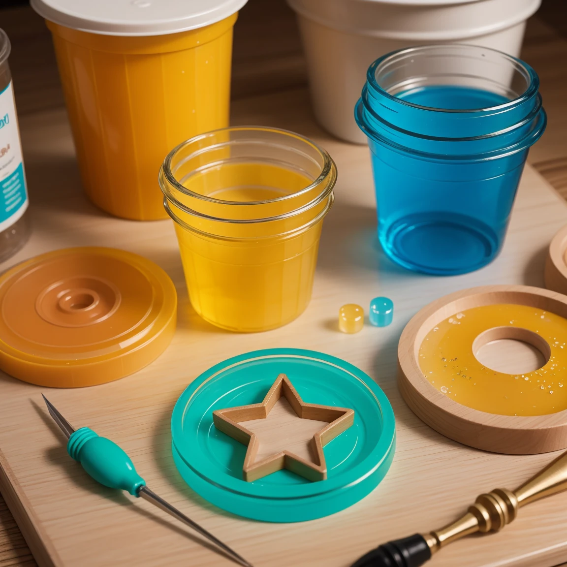 "Create a vibrant and engaging image for an Epoxy Resin DIY kit packaging. The scene should feature a smiling woman, around 18-20 years old, sitting at a table and working on a colorful epoxy resin project. The child should be wearing gloves and look excited about their creation.
In the foreground, display the kit's contents: 4 small bottles of epoxy resin, hardener, an MDF circle, mixing cups, stirring sticks, and some basic tools like tweezers and a heat gun. These items should be neatly arranged around the woman's workspace.
Background should be a warm, inviting home setting, perhaps a kitchen or craft room, with soft lighting to create a cozy atmosphere. Include some finished epoxy resin projects in the background, such as coasters, jewelry, or small decorative items, to showcase the potential of the kit.
Use a color palette that's both eye-catching and harmonious, with blues, greens, and purples to represent the epoxy resin's potential for creating beautiful, translucent effects. Add some sparkles or shimmering effects to convey the magical quality of the finished products.
At the top of the image, include space for the product name "Epoxy Resin DIY Kit" in a fun, modern font that appeals to both children and adults. At the bottom, add a tagline like "Create Your Own Colorful Masterpieces with Aidan+Renee!" to emphasize the creative aspect of the kit.
Overall mood should be one of creativity, fun, and safe exploration, encouraging everyone to engage with the product