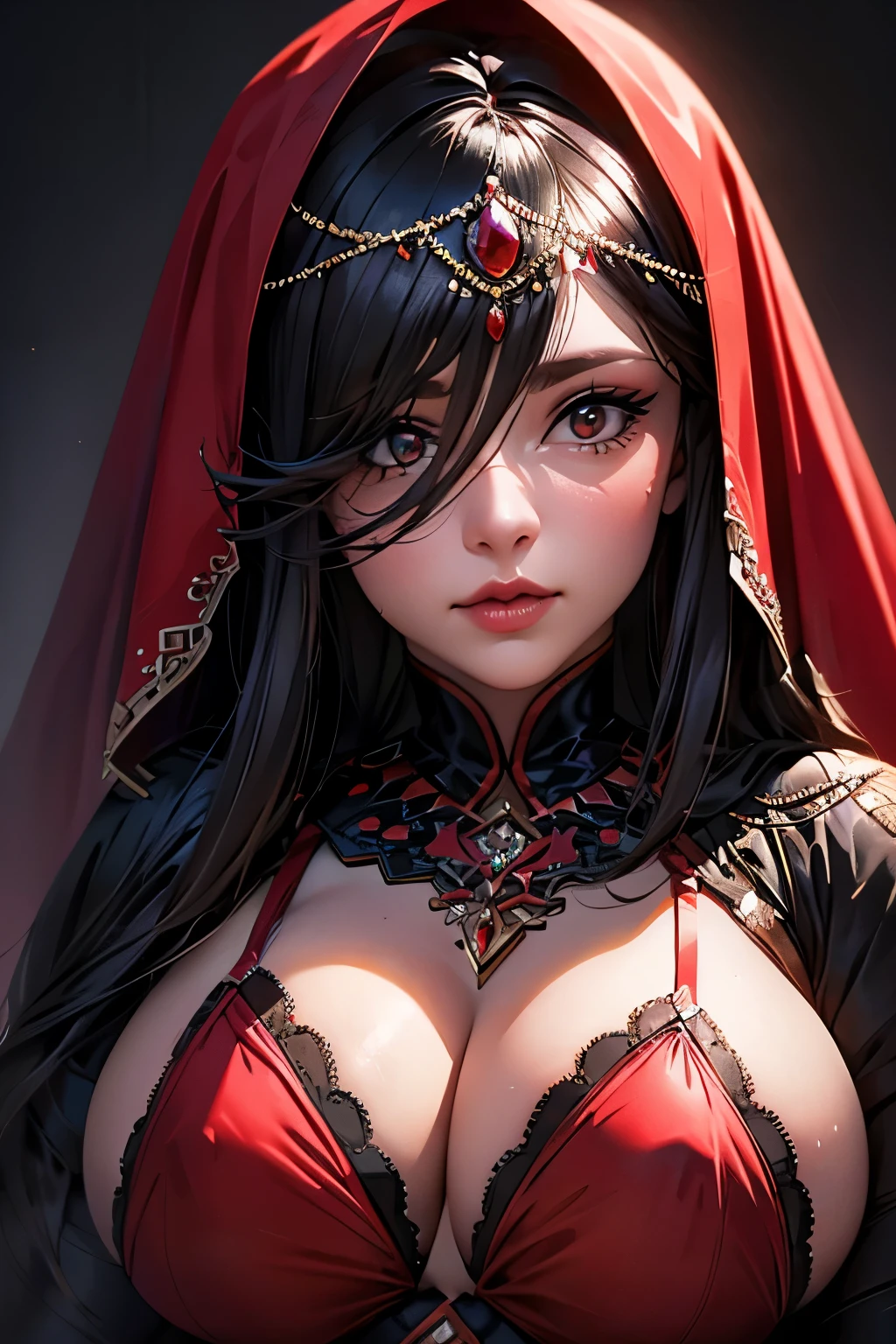 a chubby elegant woman in a red veil covering her eyes, fingers on her lips, long red nails, black background, photo-realistic, high quality, intricate details, oil painting, dramatic lighting, muted colors, mysterious atmosphere