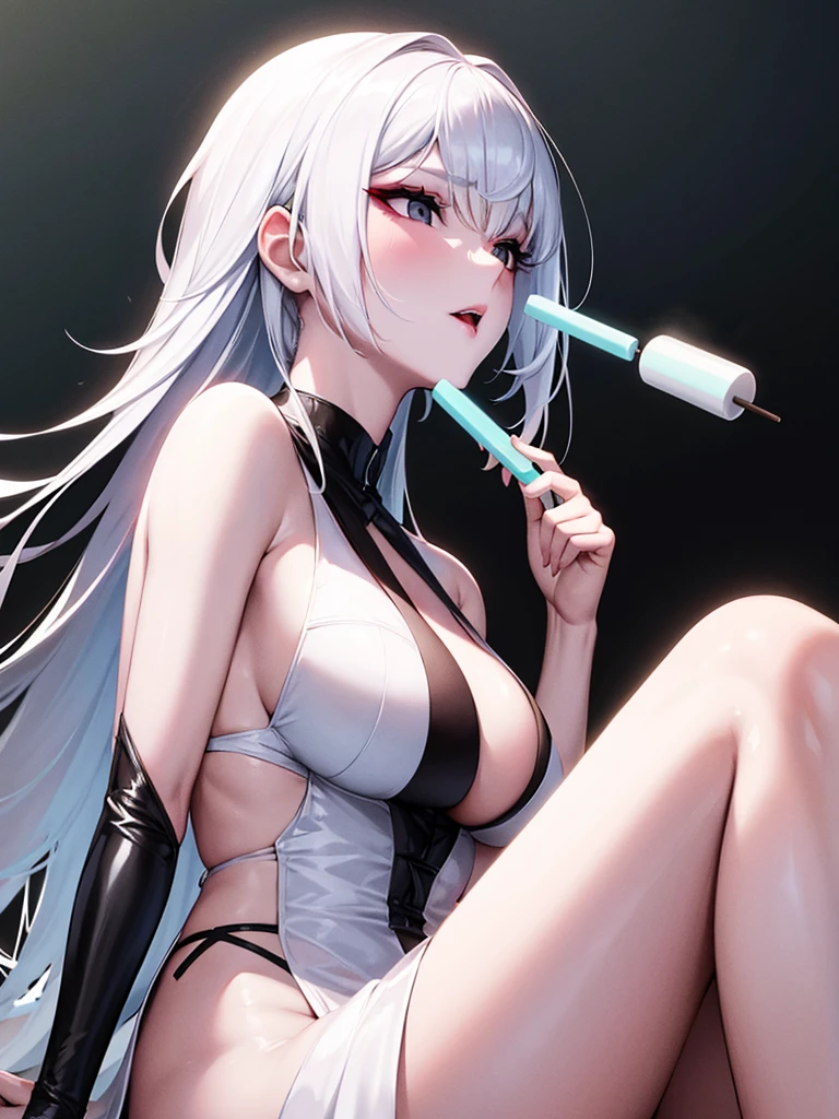 Make an albino woman, beautiful and korean, do it with black eyes, clear and beautiful, make her wear a white coat with a black top, and make her suck a cylindrical popsicle,thick, de chocolate
