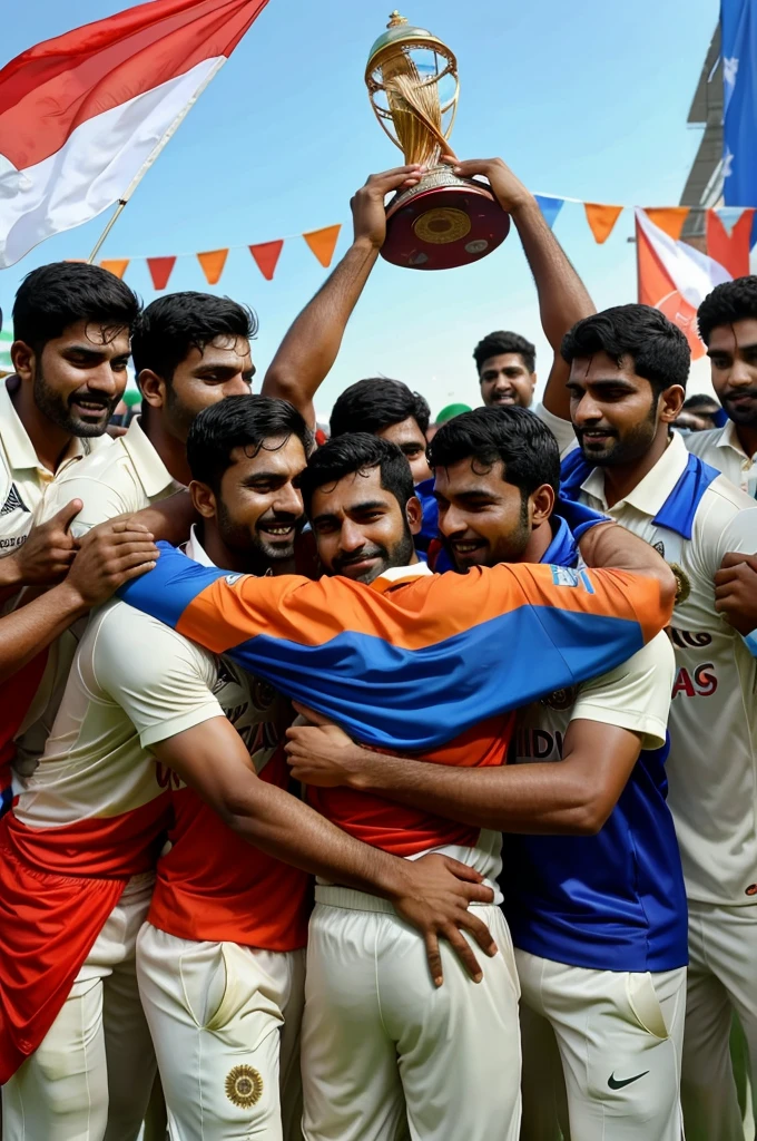 A celebratory scene from the Indian Cricket Team after winning the World Cup 2024. The players are seen hugging and lifting the trophy, with colors of the Indian flag