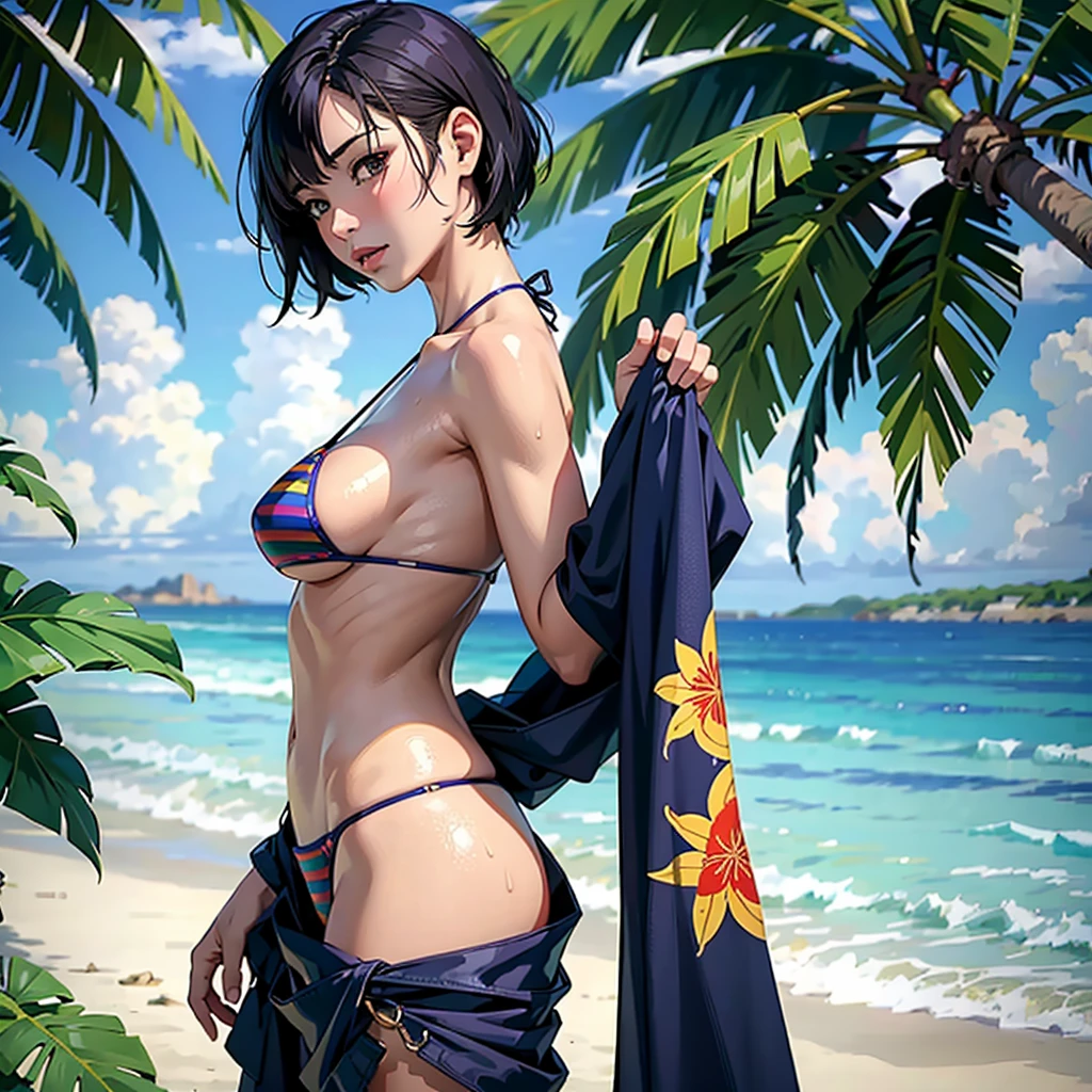 ((highest quality, masterpiece, High resolution)), ((reality)),Photos of beautiful Japanese women,((anime art))、 (((1 girl))), normal size breasts, slim body shape, medium short hair, double eyelid, micro bikini, A pareo with bold ethnic patterns and plenty of primary colors、realistic skin、Wet,whole body,cinematic light、tropical、Against the background of palm trees on both sides、on a sunny beach、With the sea in the background、blur background、