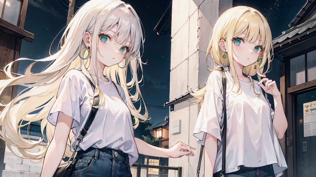 1woman, long blonde hair, green eyes, 4silver hoops, piercings, wearing plain white shirt, denim shorts, small kyoto town, night time, absurdres, high res, ultrasharp, 8K, masterpiece, looking at viewer