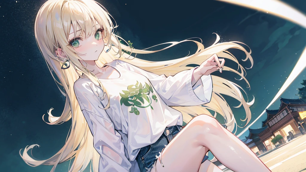 1woman, long blonde hair, green eyes, 4silver hoops, piercings, wearing plain white shirt, denim shorts, small kyoto town, night time, absurdres, high res, ultrasharp, 8K, masterpiece, looking at viewer