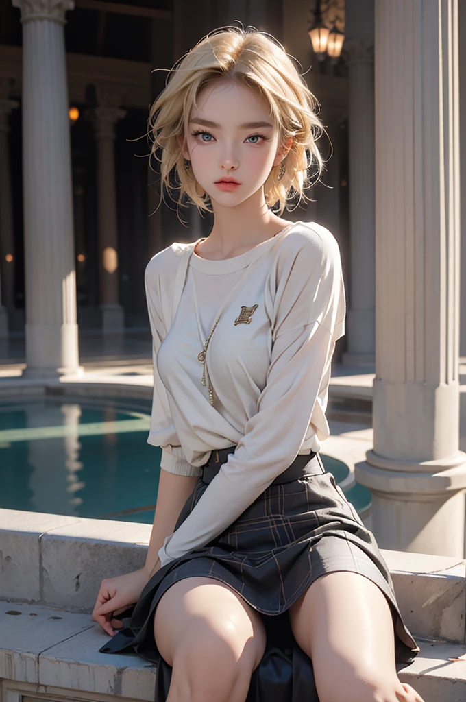 best quality, masterpiece, highres, award winning, super fine, 16k, incredibly absurdres, extremely, cute European Caucasian woman, beautiful woman, captivating look, aroused expression, blonde messy bob cut, single sidelock, wearing Burberry checked skirt, black tank top sweater with braided pattern, superlative body proportion, sitting in fountain plaza, detailed eyes, beautiful face, Octane Render, shallow depth of field