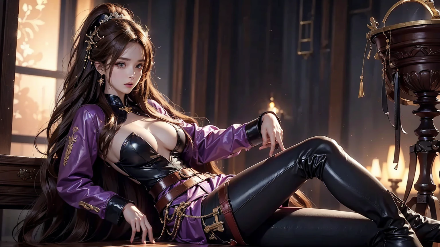 (8k, best quality, masterpiece: 1.2), highly detailed, Masterpiece, realistic lighting, masterpiece, best quality, masterpiece, official artwork, highly detailed 8k unity CG wallpaper, beautiful eye details, sharp and beautiful eye highlights, long hair, reddish polish, woman wearing a purple jacket and brown leather trousers, large and beautiful breasts, wearing leather boots, gloves, tied hair ornament, watch, leather belt.