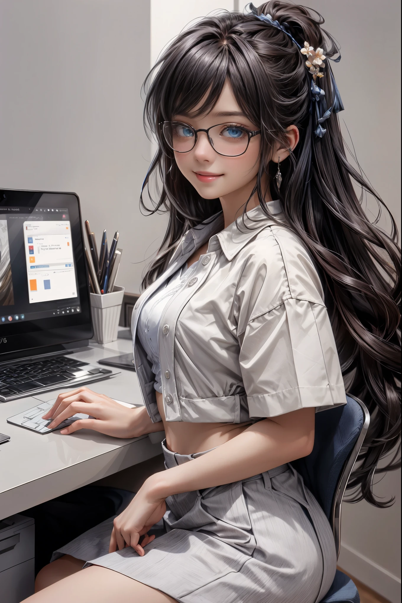 a beautiful young woman with glasses, expert in computers and technology, 1girl, detailed face, beautiful blue eyes, cute smile, long brown hair, black rimmed glasses, white shirt, black skirt, grey blazer, sitting at a desk, office setting, working on a laptop, abstract tech background, bright lighting, intricate details, photorealistic, 8k, high quality, masterpiece, digital art