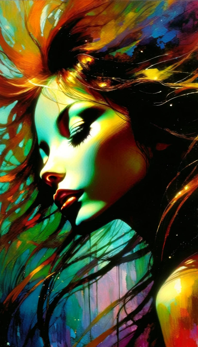 a girl in ecstasy, magical realism, (simple oil painting in a style to Bill Sienkiewicz), cinematic lighting, dramatic colors, detailed facial features, flowing hair, sensual pose, dreamlike atmosphere, ethereal, surreal, vibrant brushstrokes, textured canvas, chiaroscuro, moody, evocative, masterpiece