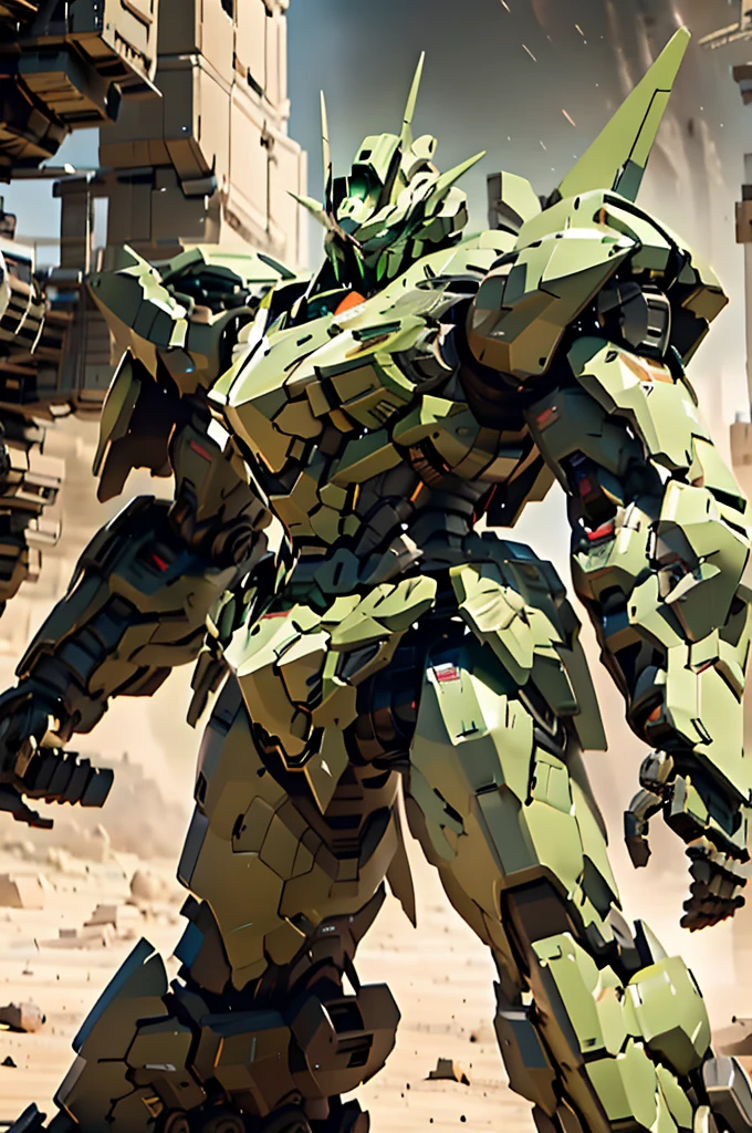 nijiMecha,gray machine standing in the desert,A cloak that covers the shoulders,Odd Eye with Red Eyes and Green Eyes,Short limbs,Energy Core,Power Armor,full armor,Feels old,best quality,masterpiece,There are no humans,V pin,Bule Themes