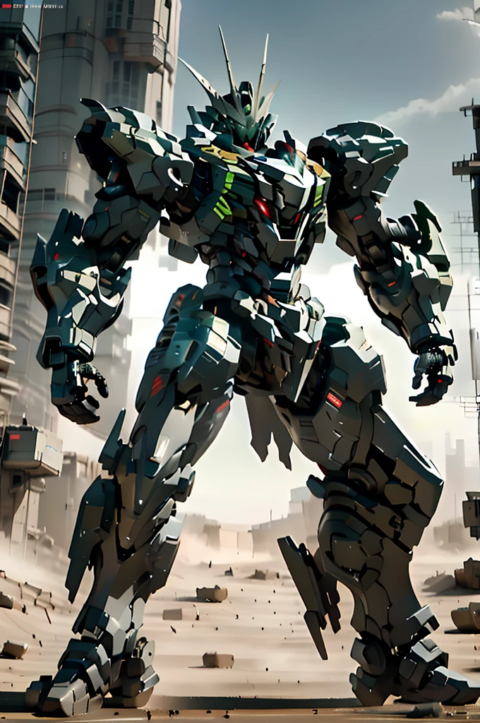 nijiMecha,gray machine standing in the desert,A cloak that covers the shoulders,Odd Eye with Red Eyes and Green Eyes,Short limbs,Energy Core,Power Armor,full armor,Feels old,best quality,masterpiece,There are no humans,V pin,Bule Themes
