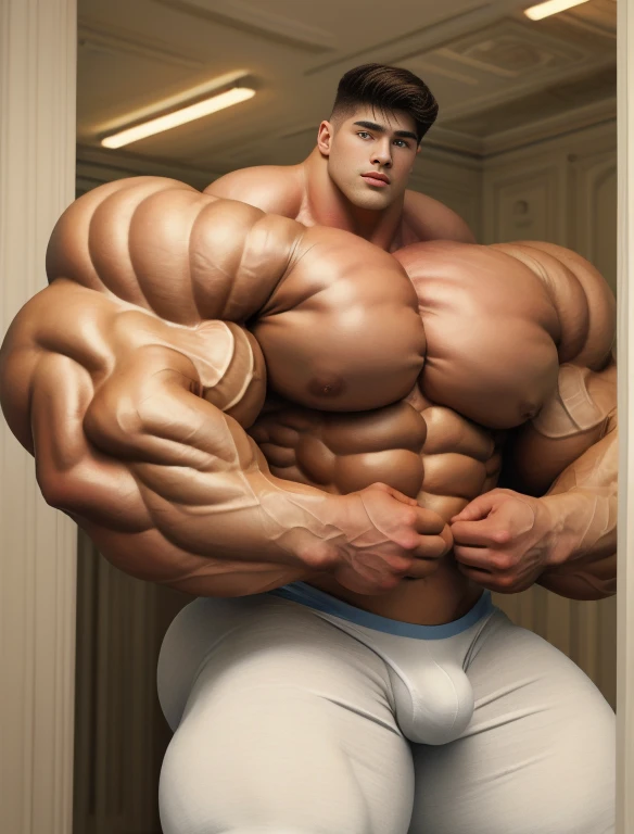1boy, giant, alone, giant bodybuilder, illuminating light, strong body, bulk, large size, standing in white room photo studio, indoor, nude, white triangular underwear, thick bulge, scratch his bulge, extraordinary big, brutalmass, giant muscular body, bulk, buff, massive body, large meaty body size, extremely wide body