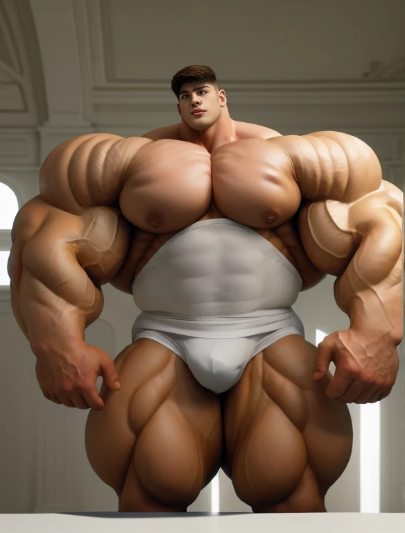 1boy, giant, alone, giant bodybuilder, illuminating light, strong body, bulk, large size, standing in white room photo studio, indoor, nude, white triangular underwear, thick bulge, scratch his bulge, extraordinary big, brutalmass, giant muscular body, bulk, buff, massive body, large meaty body size, extremely wide body