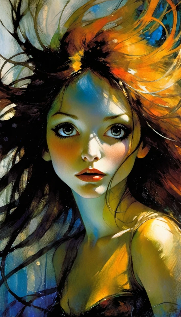 a girl in ecstasy, magical realism, (simple oil painting in a style to Bill Sienkiewicz), cinematic lighting, dramatic colors, detailed facial features, flowing hair, sensual pose, dreamlike atmosphere, ethereal, surreal, vibrant brushstrokes, textured canvas, chiaroscuro, moody, evocative, masterpiece