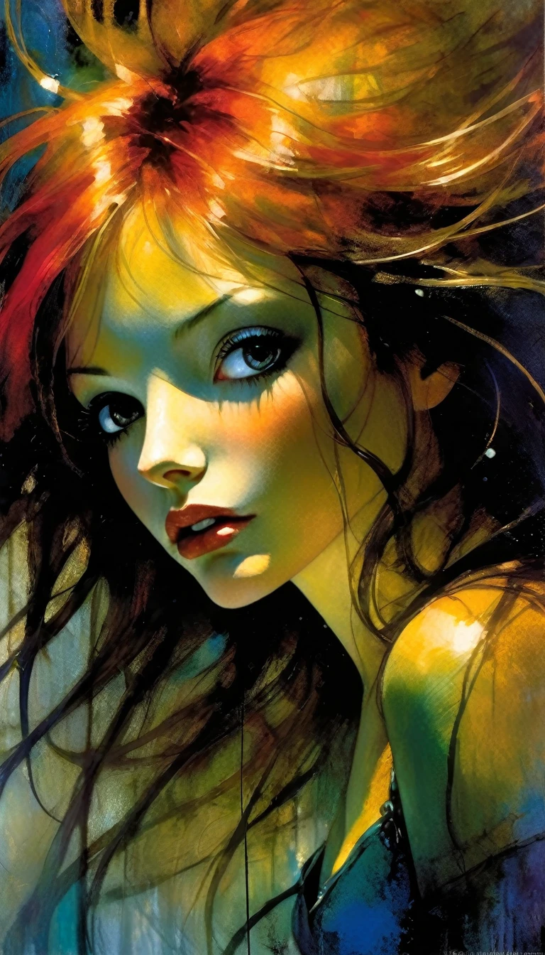 a girl in ecstasy, magical realism, (simple oil painting in a style to Bill Sienkiewicz), cinematic lighting, dramatic colors, detailed facial features, flowing hair, sensual pose, dreamlike atmosphere, ethereal, surreal, vibrant brushstrokes, textured canvas, chiaroscuro, moody, evocative, masterpiece