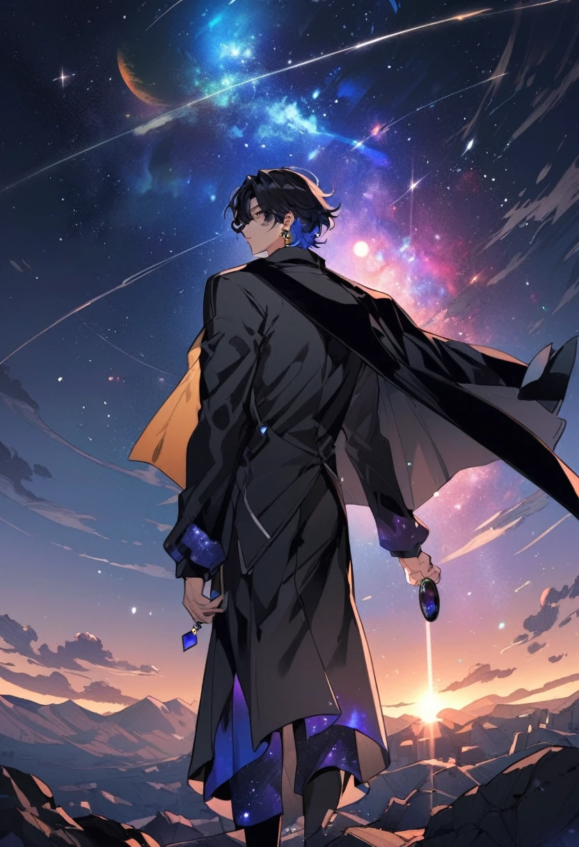 a little boy, he wears galaxy colored earrings, he looks so mysterious, He was dressed in a black shirt with his black coat hanging over his shoulders, his back was turned, he looked at the sky. Manhwa style.    