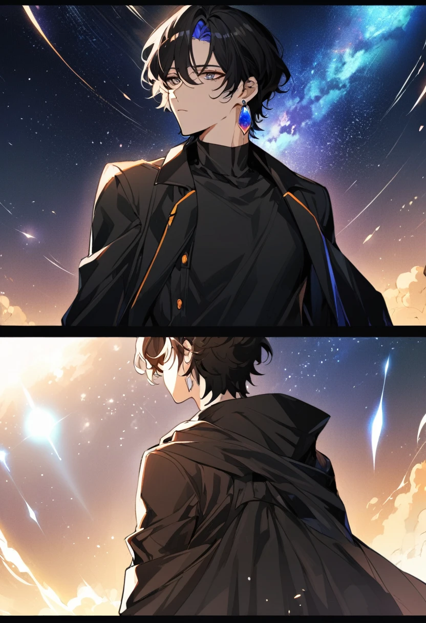 a little boy, he wears galaxy colored earrings, he looks so mysterious, He was dressed in a black shirt with his black coat hanging over his shoulders, his back was turned, he looked at the sky. Manhwa style.