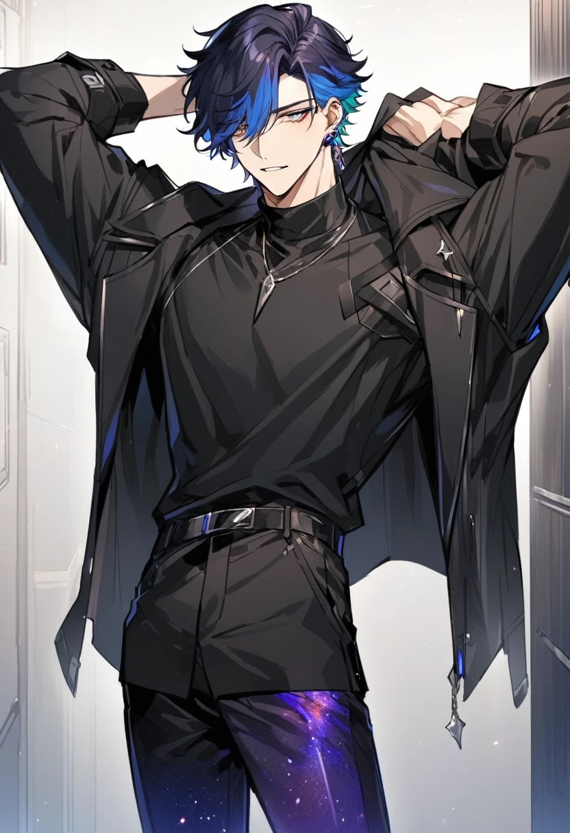 a handsome young man, he wears galaxy colored earrings, wolf style haircut, he looks so mysterious, He was dressed in a black shirt with his black coat hanging over his shoulder. Manhwa style.  