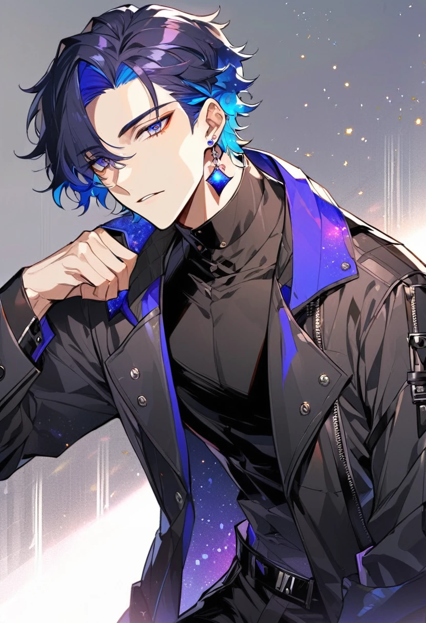 a handsome young man, he wears galaxy colored earrings, wolf style haircut, he looks so mysterious, He was dressed in a black shirt with his black coat hanging over his shoulder. Manhwa style.  