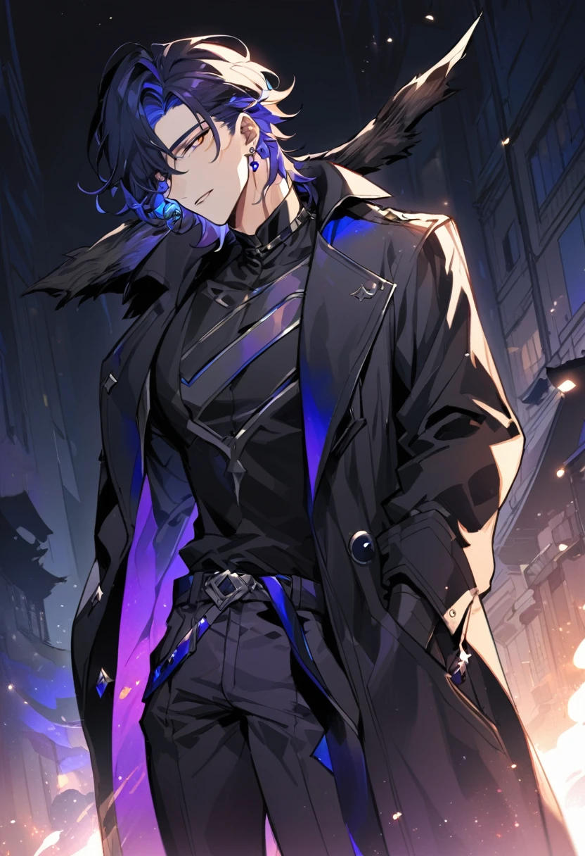 a handsome young man, he wears galaxy colored earrings, wolf style haircut, he looks so mysterious, He was dressed in a black shirt with his black coat hanging over his shoulder. Manhwa style.